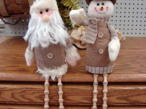 Folk Art Dangle Wooden Spool Leg Santa and Snowman Shelf Sitters