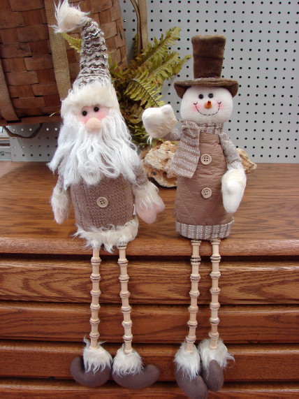 Folk Art Dangle Wooden Spool Leg Santa and Snowman Shelf Sitters, Moose-R-Us.Com Log Cabin Decor