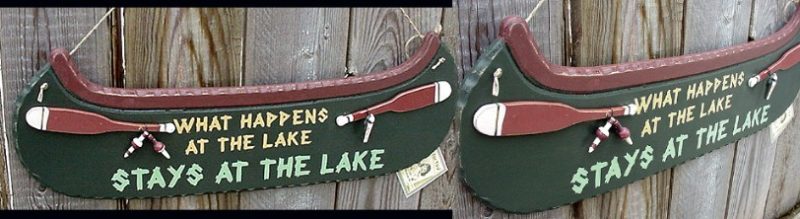 Canoe Shaped What Happens at Lake Stays at Lake Cabin Sign, Moose-R-Us.Com Log Cabin Decor