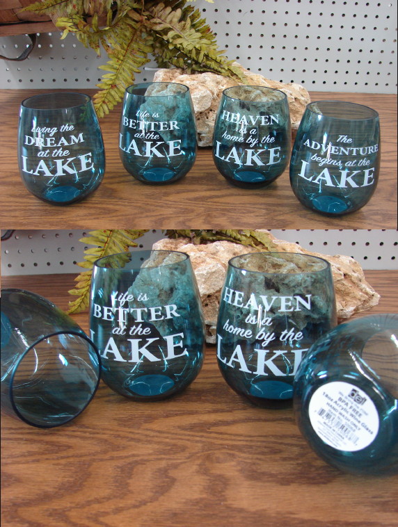 Stemless Acrylic Wine Glass Set/4 Lake Sayings for Boat Beach Cabin Decor, Moose-R-Us.Com Log Cabin Decor