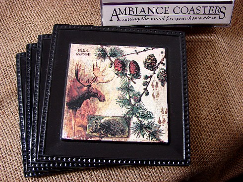 Moose Pinecone Thirstystone Absorbent Stone Ambiance Coaster Set, Moose-R-Us.Com Log Cabin Decor