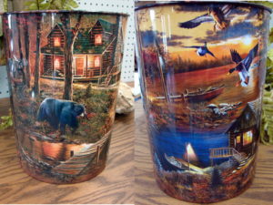 Sunset Log Cabin Black Bear Forest Tin Waste Basket Trash Can