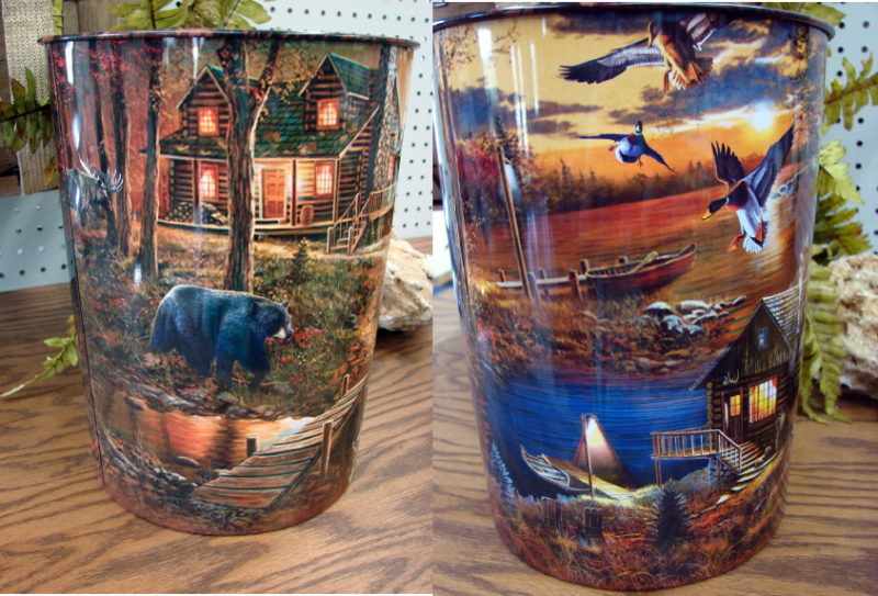 Sunset Log Cabin Black Bear Forest Tin Waste Basket Trash Can, Moose-R-Us.Com Log Cabin Decor