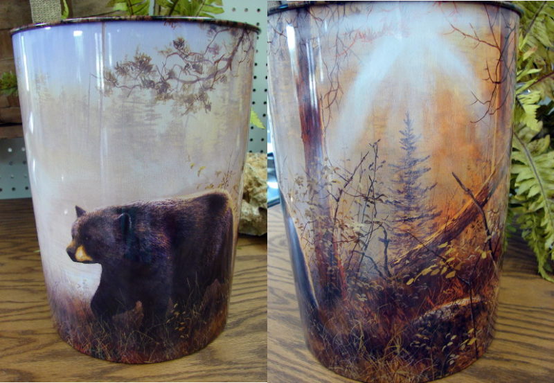 Jim Hansel Black Bear in Mist Tin Waste Basket Trash Can, Moose-R-Us.Com Log Cabin Decor