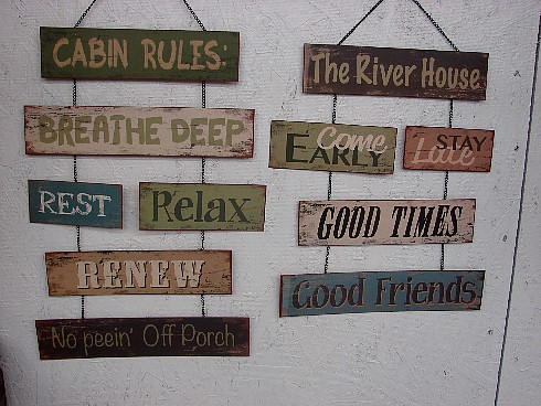Rustic Tin 6 Piece Cabin Rules Sign on Chain, Moose-R-Us.Com Log Cabin Decor
