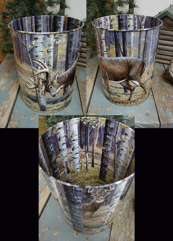 Wildlife Birch Tree Theme Deer Tin Waste Basket, Moose-R-Us.Com Log Cabin Decor
