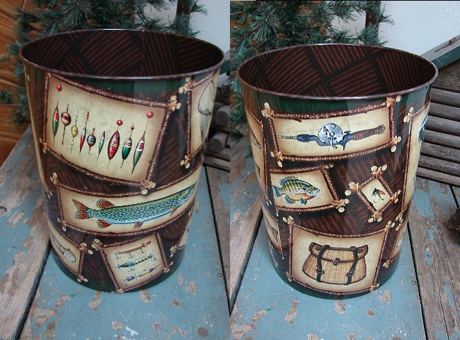 Fishing Lure Theme Antique Lures Tin Waste Basket Trash Can, Moose-R-Us.Com Log Cabin Decor