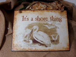 Large Embossed Tin Blue White Welcome to the Beach Sign, Moose-R-Us.Com Log Cabin Decor