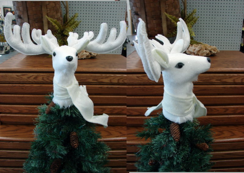 White Stag Deer Head Antler Christmas Tree Topper, Moose-R-Us.Com Log Cabin Decor