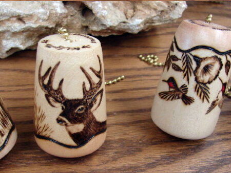 Free Hand Wood Burned Decorative Fan Light Pull Deer Bear Hummingbird Fish