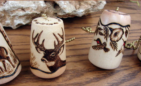 Free Hand Wood Burned Decorative Fan Light Pull Deer Bear Hummingbird Fish, Moose-R-Us.Com Log Cabin Decor