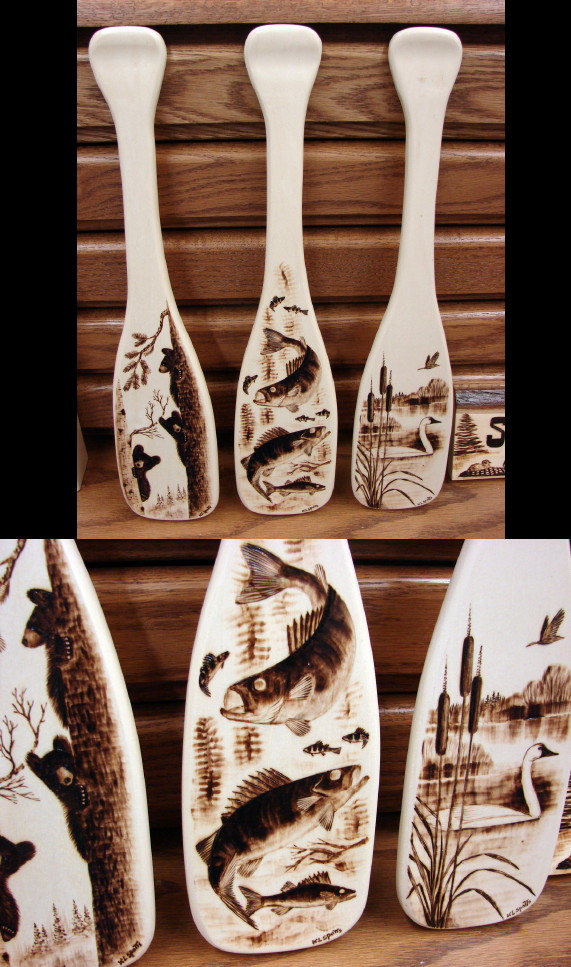 Free Hand Wood Burned Miniature Canoe Paddle Bear Fish Swan, Moose-R-Us.Com Log Cabin Decor