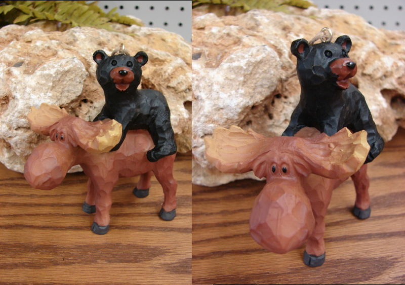 Wood Carved Look Black Bear Riding Moose Lodge Theme Ornament, Moose-R-Us.Com Log Cabin Decor