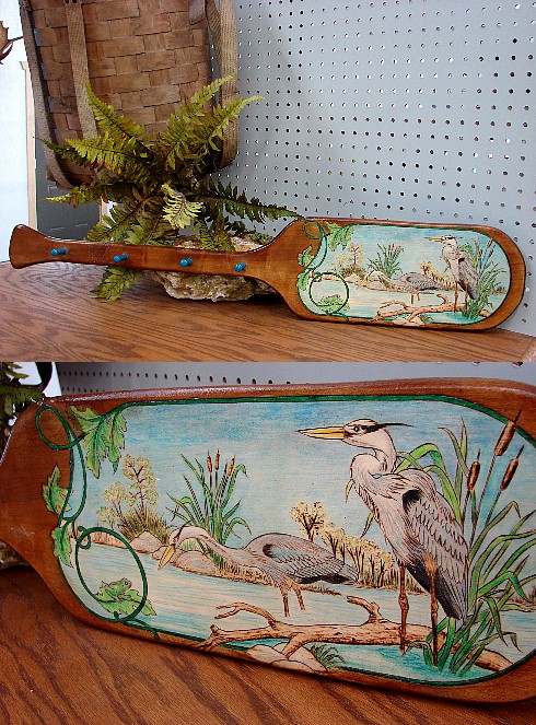 Hand Wood Burned Painted Blue Heron Canoe Paddle Peg Rack, Moose-R-Us.Com Log Cabin Decor