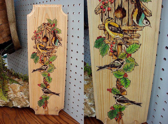 Hand Wood Burned Painted Backyard Song Birds Peg Board Picture, Moose-R-Us.Com Log Cabin Decor