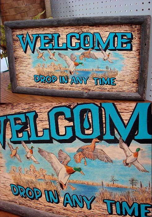 Welcome Sign Hand Wood Burned Painted Duck Hunting Picture, Moose-R-Us.Com Log Cabin Decor