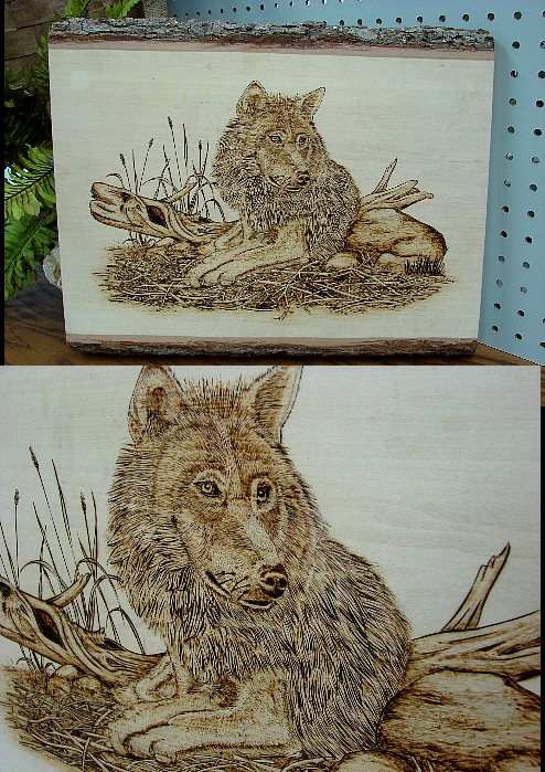 Large Freestyle Hand Wood Burned Wolf Picture, Moose-R-Us.Com Log Cabin Decor