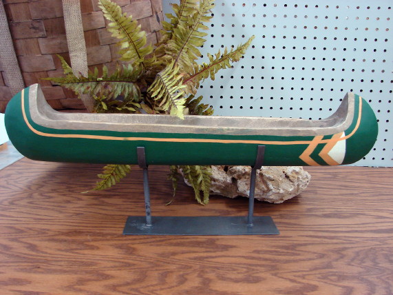 Adirondack Wood Canoe on Iron Stand Fireplace Mantel Shelf Table Display, Moose-R-Us.Com Log Cabin Decor