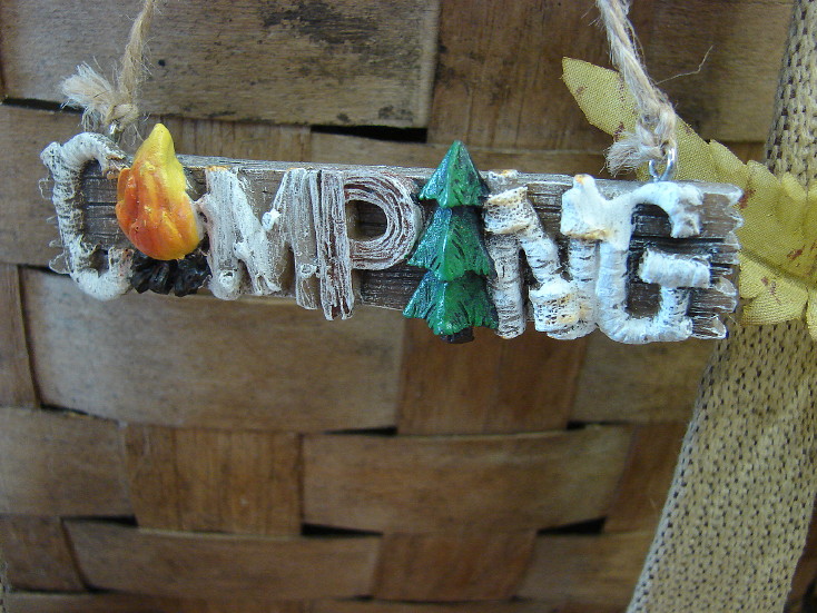 Camping Word Outdoors Tent Campfire Birch Letter Ornament, Moose-R-Us.Com Log Cabin Decor
