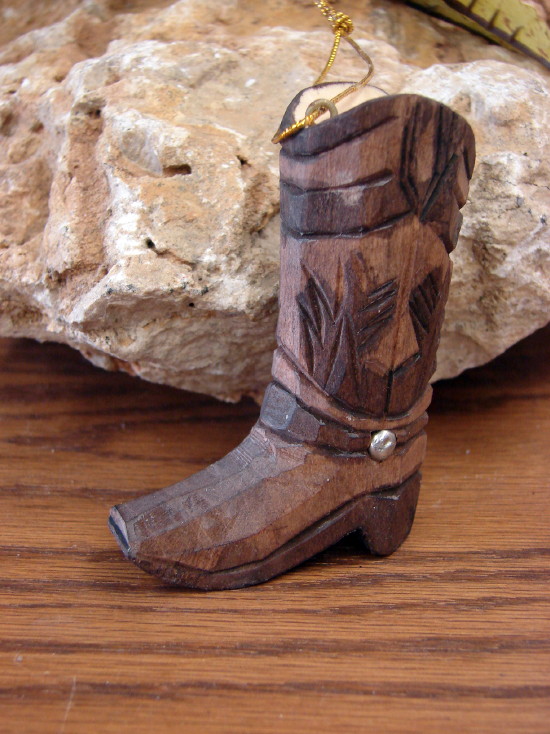 Wood Carved Cowboy Boot Ornament, Moose-R-Us.Com Log Cabin Decor