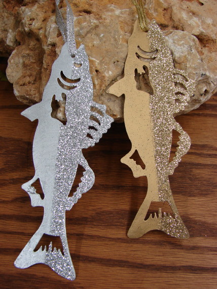 Set/2 Metal Fish Silhouette Ornaments Gold/Silver, Moose-R-Us.Com Log Cabin Decor