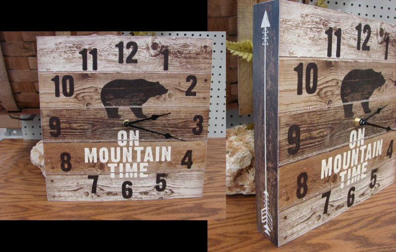 Rustic Wood Pallet Style On Mountain Time Bear Wall Clock, Moose-R-Us.Com Log Cabin Decor