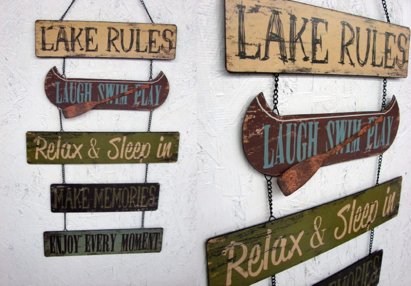 Rustic Tin 5 Piece Lake Rules Sign on Chain, Moose-R-Us.Com Log Cabin Decor