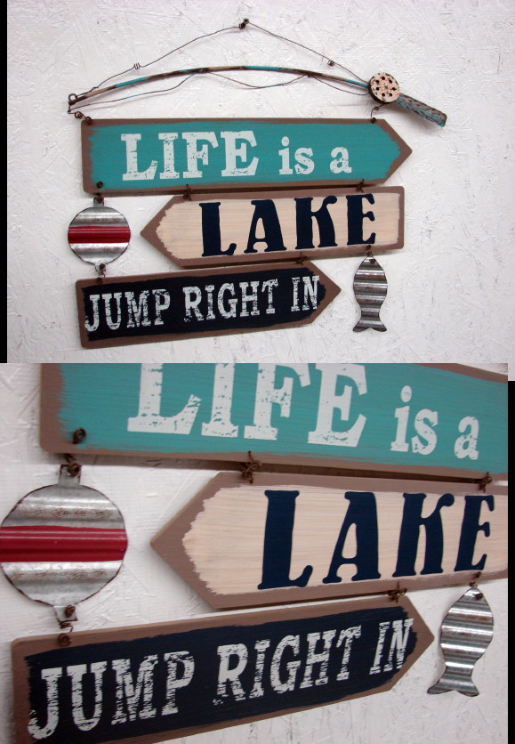 Rustic Tin Life is a Lake Jump Right In Fishing Pole Sign, Moose-R-Us.Com Log Cabin Decor