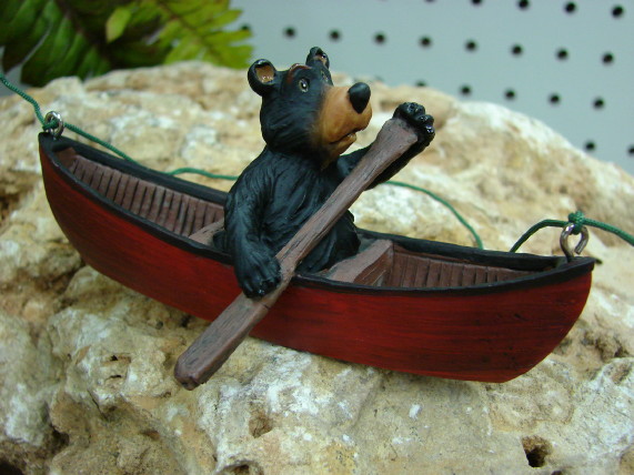 Willie Black Bear Paddling a Red Canoe Ornament, Moose-R-Us.Com Log Cabin Decor