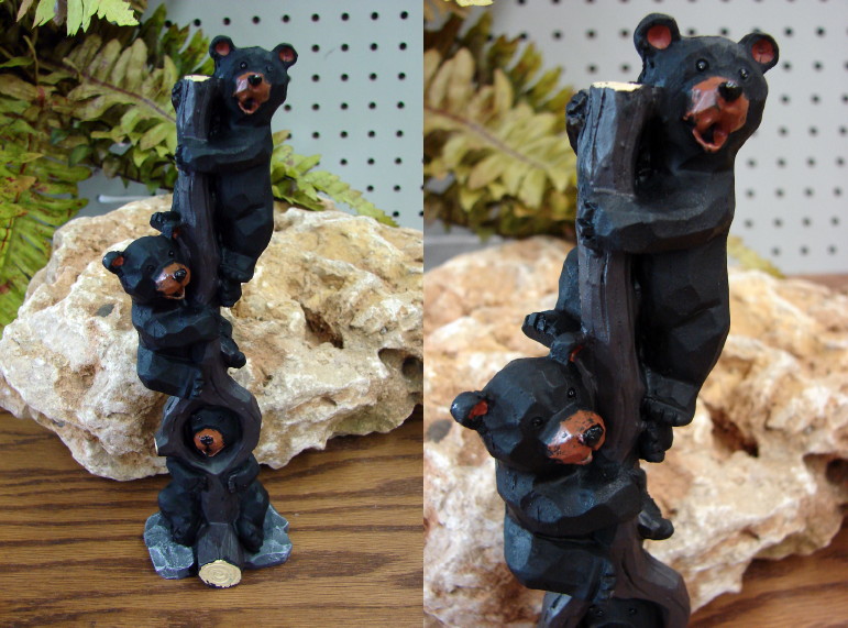 Detailed Resin Wood Carved Look Bear Cubs on Tree Stump Figurine, Moose-R-Us.Com Log Cabin Decor