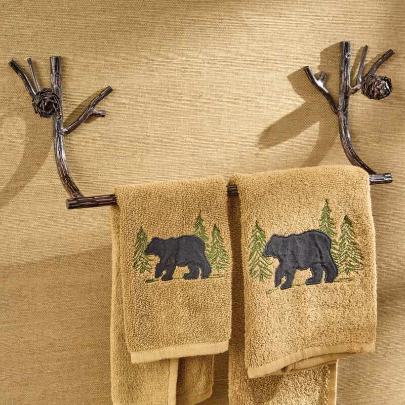 Tall Pines Pine Cone Iron Pinecone Bathroom Towel Bar Peg Hooks Holder, Moose-R-Us.Com Log Cabin Decor