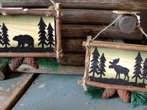 Silhouette Bear Deer or Moose Ornament Rustic Northwoods Wood Framed