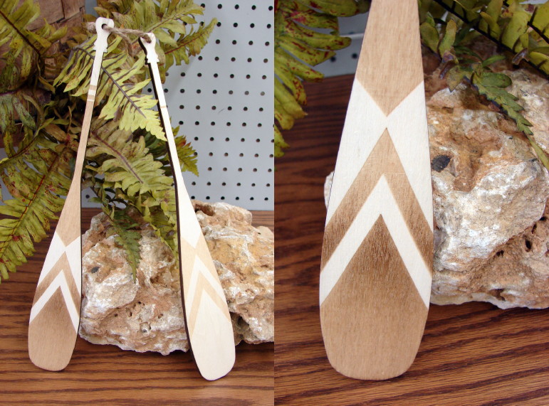 Small Two Toned Inlaid Miniature Canoe Paddle Oars Set/2 Rope Strung, Moose-R-Us.Com Log Cabin Decor