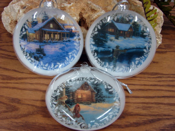 3 Piece Glass Darrell Bush Artwork Winter Log Cabin Ornaments, Moose-R-Us.Com Log Cabin Decor