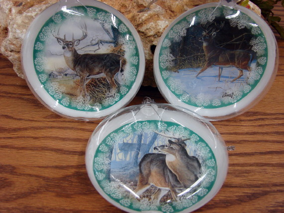 3 Piece Glass Al Agnew Whitetail Deer Ornaments, Moose-R-Us.Com Log Cabin Decor
