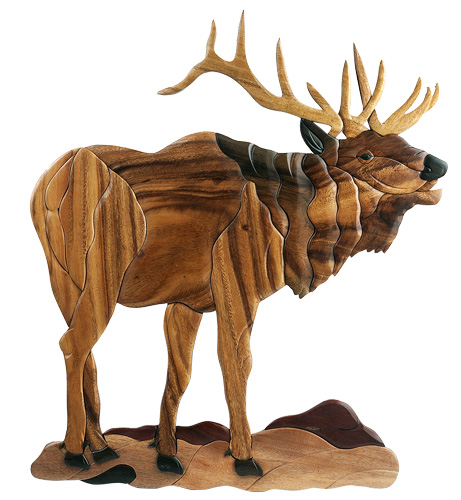 Large Solid Wood Intarsia Inlaid Elk Wall Picture Wall Hanging, Moose-R-Us.Com Log Cabin Decor