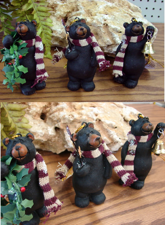 Set/3 Detailed Resin Christmas Black Bear Ornament with Scarf, Moose-R-Us.Com Log Cabin Decor