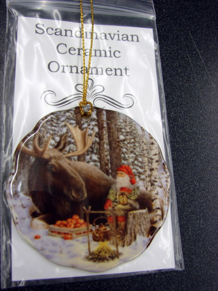 Scandinavian Gnome Horse Moose Winter Scene Ceramic Ornament, Moose-R-Us.Com Log Cabin Decor