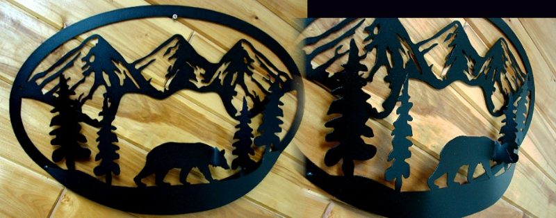 Large Black Iron Mountain Tree Silhouette Oval 3D Wall Hanger, Moose-R-Us.Com Log Cabin Decor