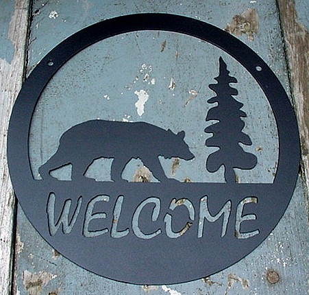 Rustic Black Iron Round Bear or Moose Welcome Sign, Moose-R-Us.Com Log Cabin Decor