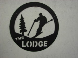 Large Black Iron The Lodge Downhill Skiing Sign