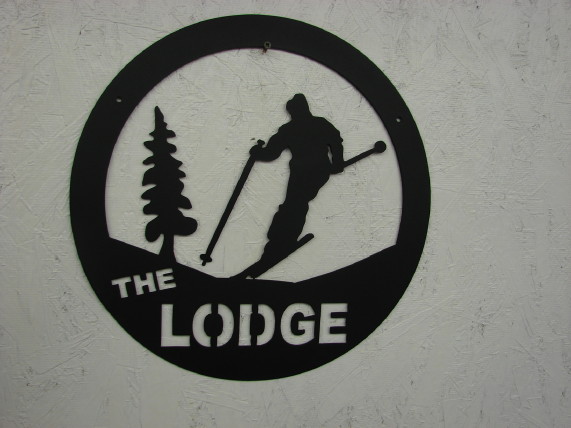 Large Black Iron The Lodge Downhill Skiing Sign, Moose-R-Us.Com Log Cabin Decor