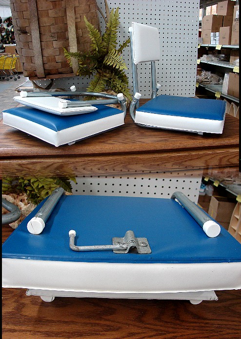 Vintage Blue and White Fold-up Boat Stadium Seats, Moose-R-Us.Com Log Cabin Decor