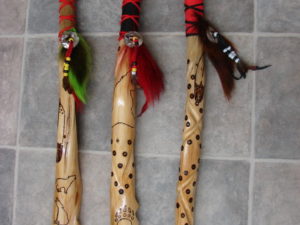Authentic Native American Indian Cedar Dyed Deer Tail Wood Burned Dance Shaft
