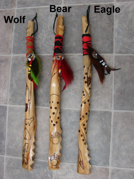 Authentic Native American Indian Cedar Dyed Deer Tail Wood Burned Dance Shaft, Moose-R-Us.Com Log Cabin Decor