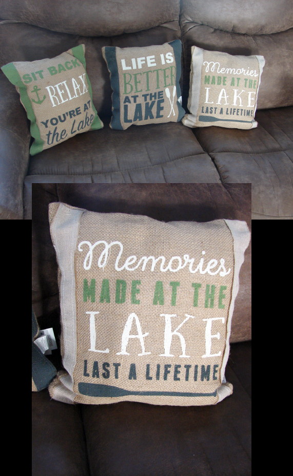 3 Piece Burlap Lake Sayings Throw Pillows USA, Moose-R-Us.Com Log Cabin Decor
