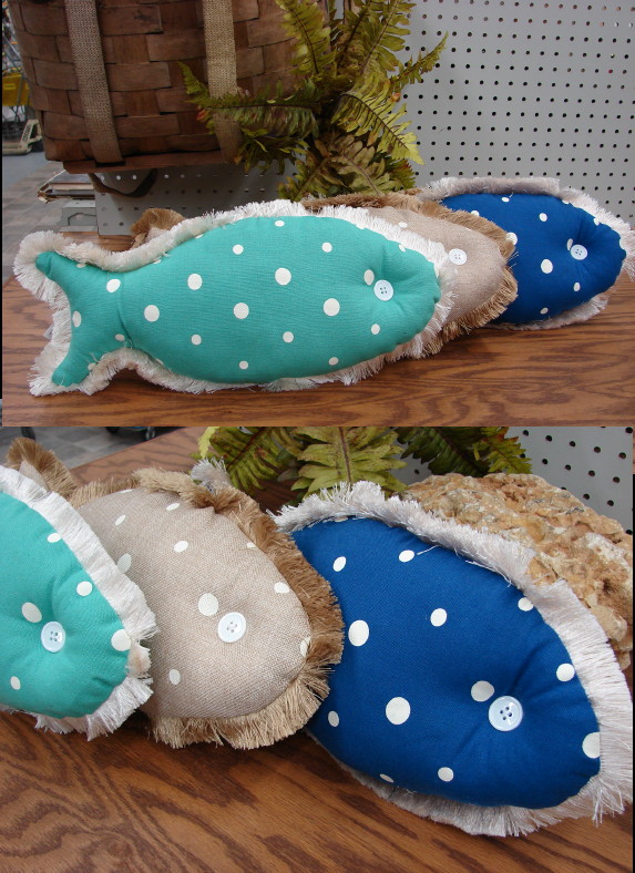 Set/3 Button and Dots Canvas Fringe Fish Pillows, Moose-R-Us.Com Log Cabin Decor