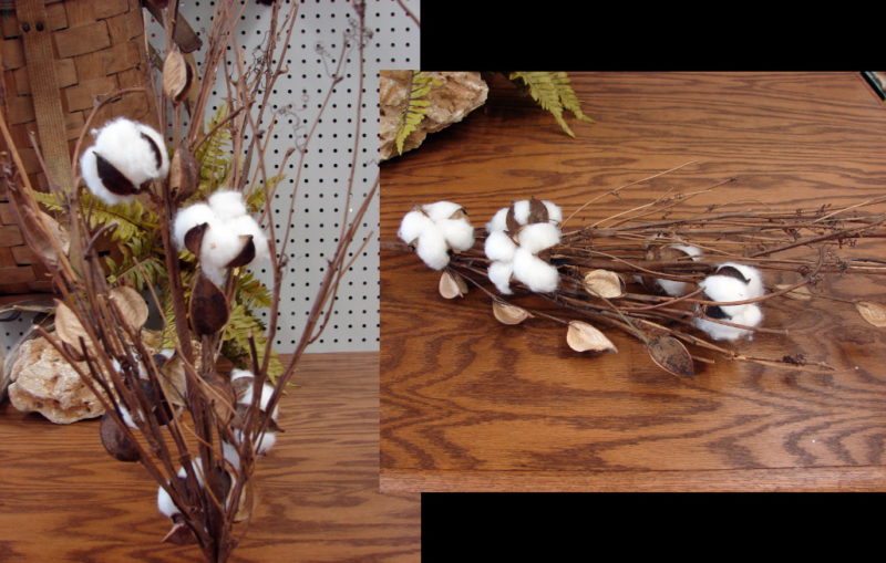 Real Cotton Boll Twig Spray Pick 3 Foot, Moose-R-Us.Com Log Cabin Decor