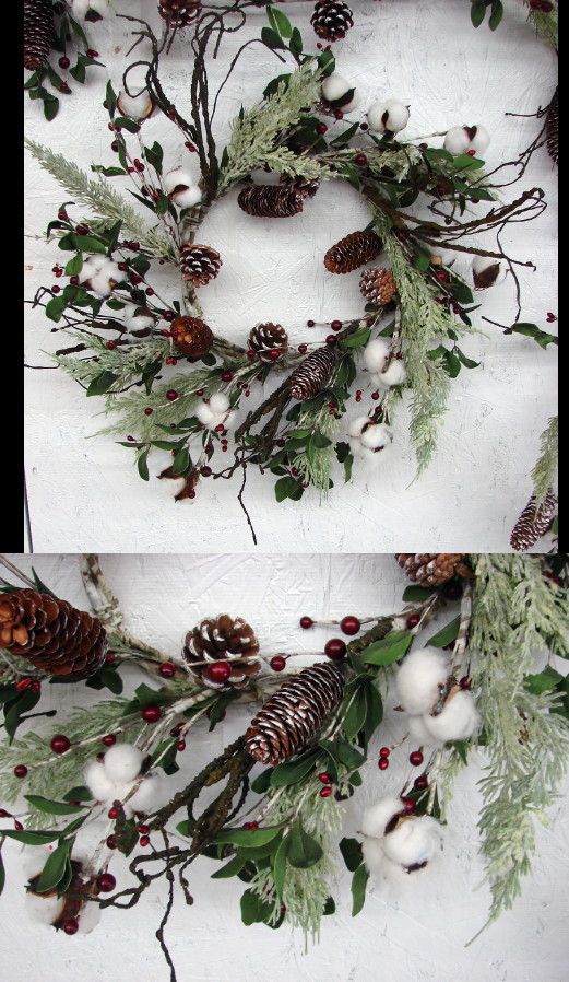 Real Cotton Boll Pine Cone Red Berry Wreath, Moose-R-Us.Com Log Cabin Decor