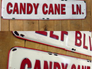 Vintage Style Enamel Christmas Sign Elf Blvd Candy Cane Ln Set/2